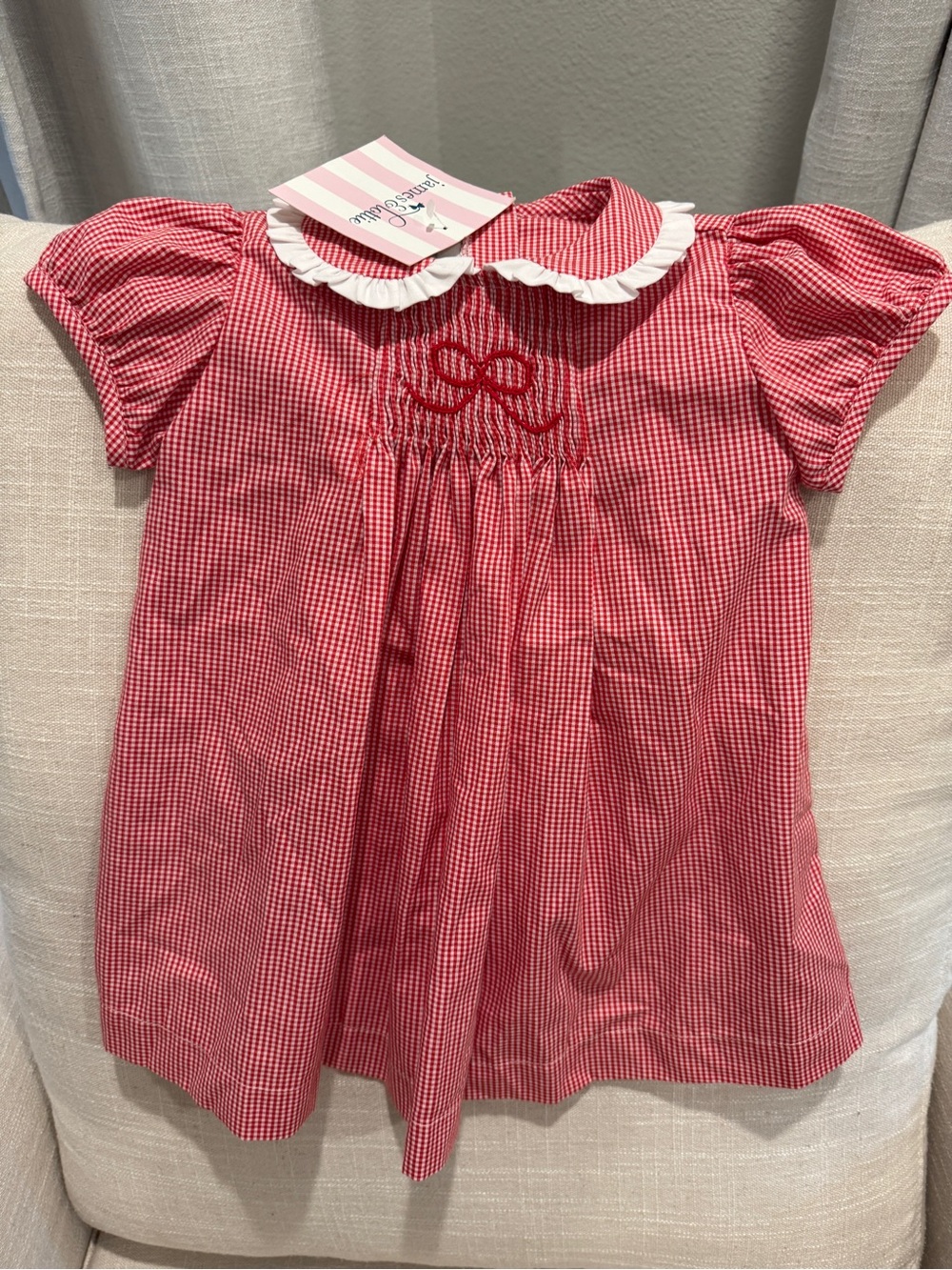 James & Lottie 18 mos Red Gingham Smocked Girls' Dress with White Ruffle Collar